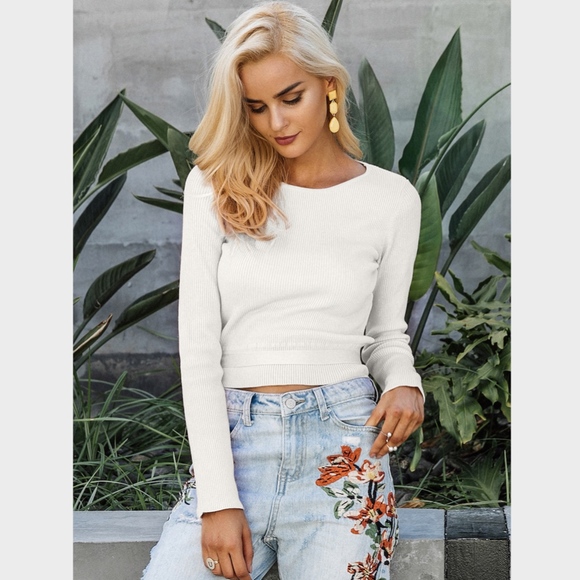 Belted Ribbed Cut Out Back Cropped Sweater - Picture 2 of 6